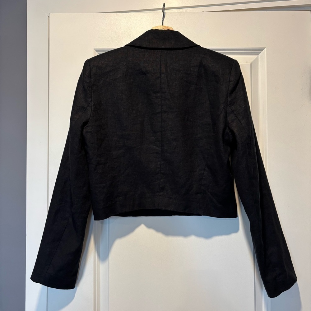 Abercrombie & Fitch Black Cropped Linen Blazer, Size M, Career, Shoulder Pads - Picture 3 of 11